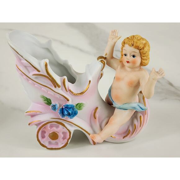 Putti Cherub Shoe Cart Porcelain Bisque 4" Figurine Blue Pink Home Decor x2 - Picture 3 of 16